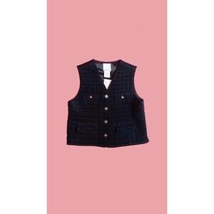 1990s-Y2k ESPRIT QUILTED Black Button Up VELVET Sleeveless Vest with Pockets. M